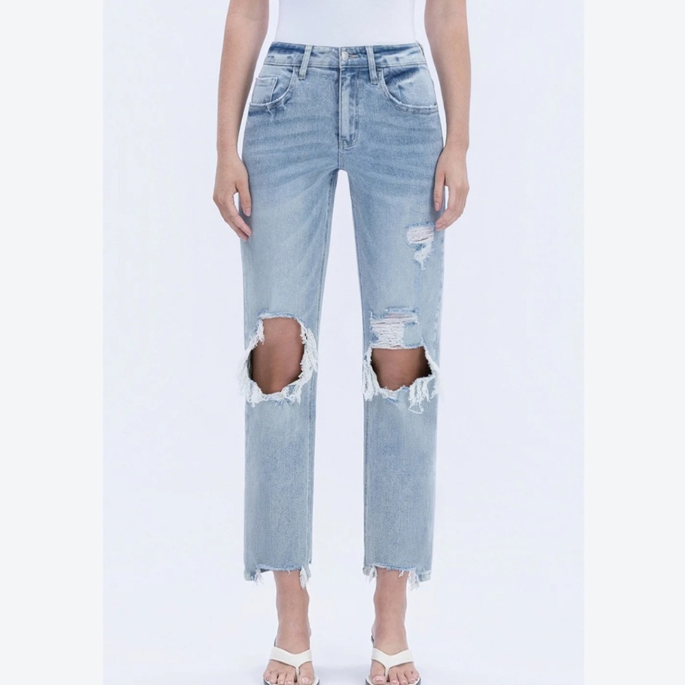 Vervet Blue Distressed High-Rise Straight Ankle Stretch Jeans Grunge Streetwear